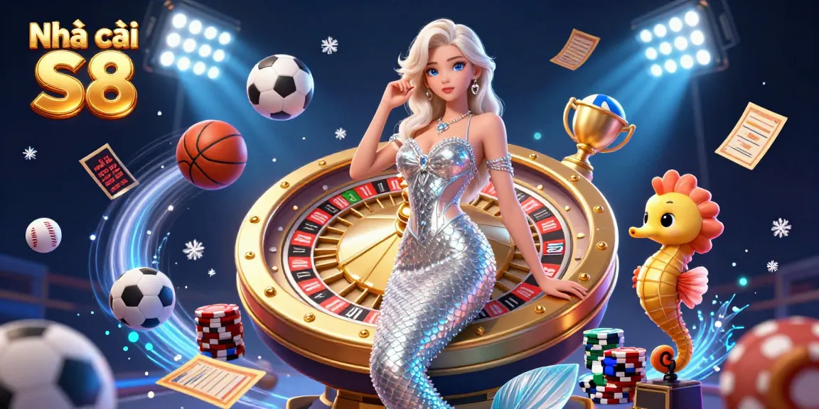 Engage in thrilling gaming action with Nhà cái S8, featuring a glamorous roulette scene with unique characters and dynamic elements.